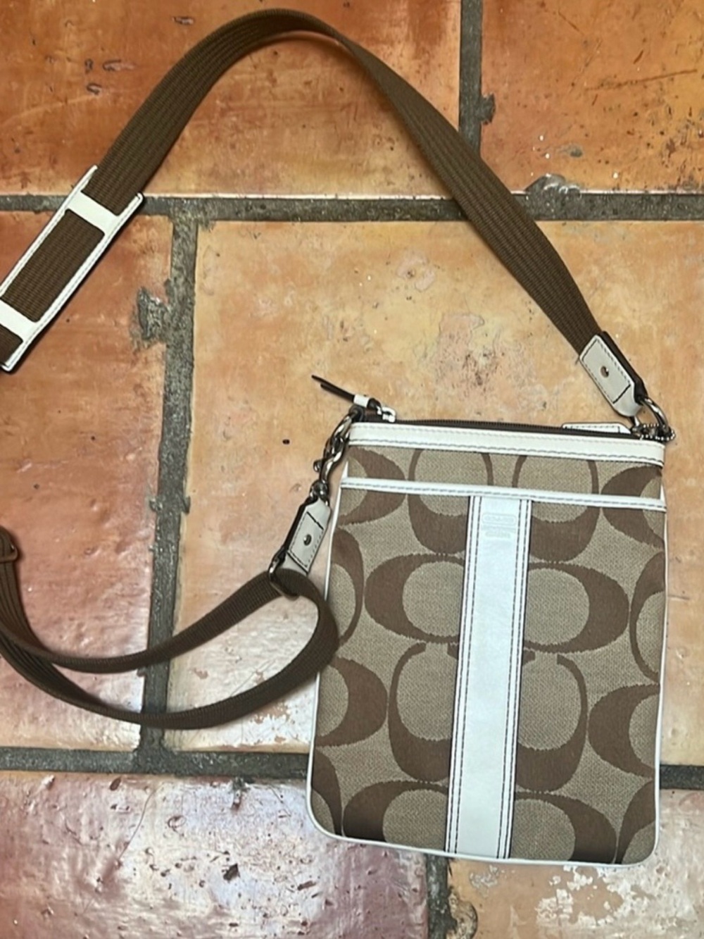 Coach Brown and Khaki Signature Crossbody with White Trim